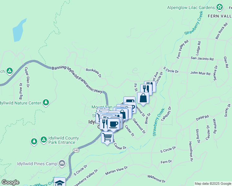 map of restaurants, bars, coffee shops, grocery stores, and more near 54365 Jameson Drive in Idyllwild-Pine Cove