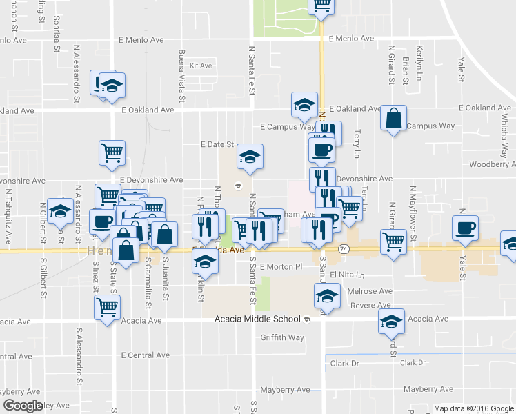 map of restaurants, bars, coffee shops, grocery stores, and more near 220 North Santa Fe Street in Hemet