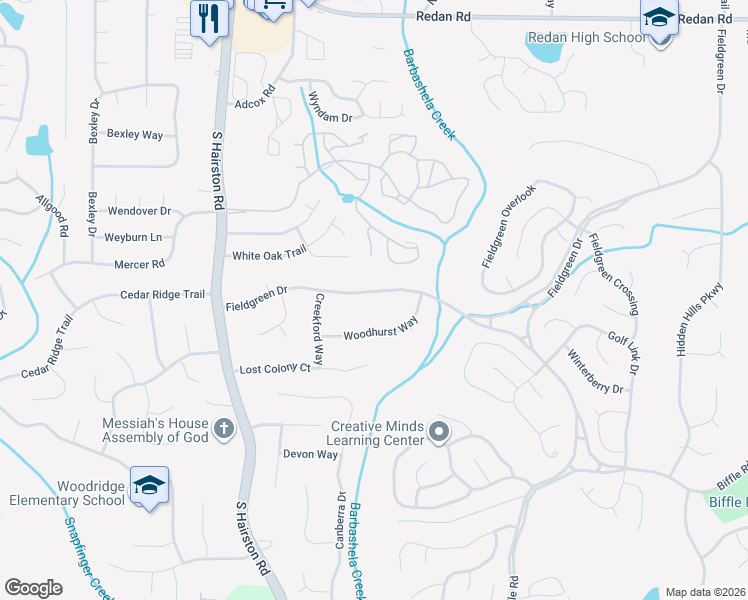 map of restaurants, bars, coffee shops, grocery stores, and more near 4879 Fieldgreen Drive in Stone Mountain