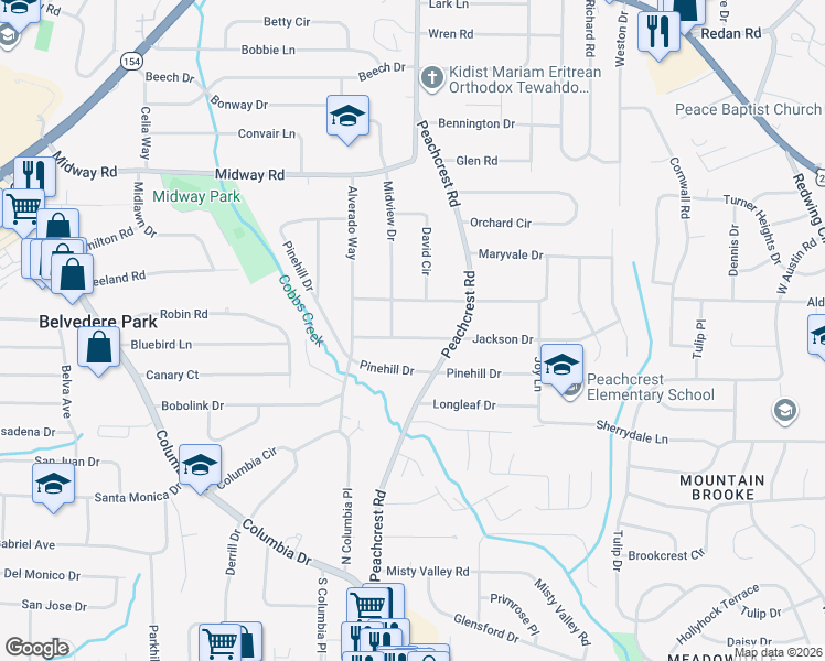 map of restaurants, bars, coffee shops, grocery stores, and more near 3358 Jackson Drive in Decatur
