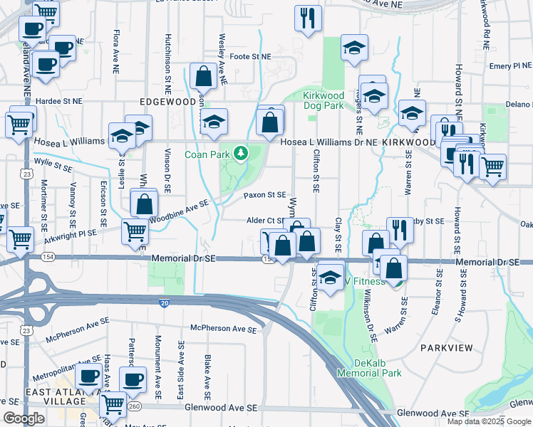 map of restaurants, bars, coffee shops, grocery stores, and more near 1612 Alder Court Southeast in Atlanta