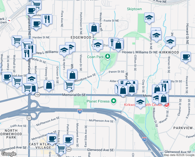 map of restaurants, bars, coffee shops, grocery stores, and more near 1541 Paxon Street Southeast in Atlanta