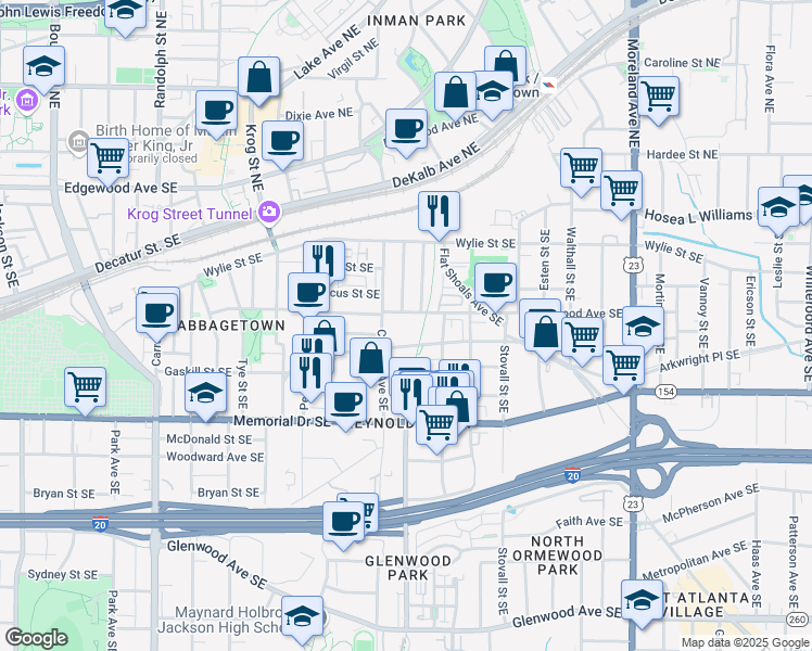 map of restaurants, bars, coffee shops, grocery stores, and more near 871 Kirkwood Avenue Southeast in Atlanta