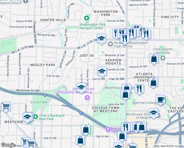 map of restaurants, bars, coffee shops, grocery stores, and more near 1077 Ashby Grove Southwest in Atlanta