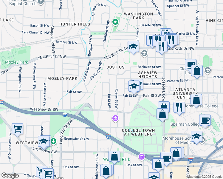 map of restaurants, bars, coffee shops, grocery stores, and more near 175 Rosser Street Southwest in Atlanta