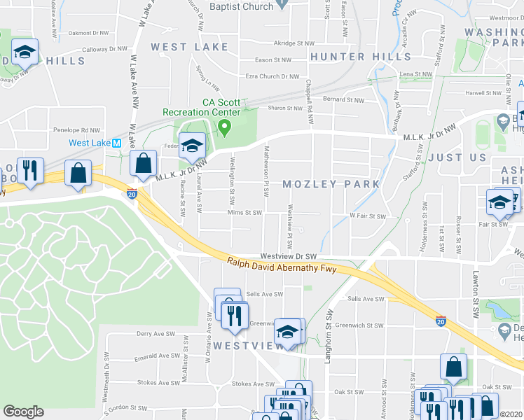 map of restaurants, bars, coffee shops, grocery stores, and more near 193 Mathewson Place Southwest in Atlanta