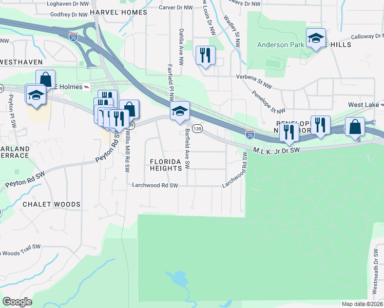 map of restaurants, bars, coffee shops, grocery stores, and more near 219 Barfield Avenue Southwest in Atlanta