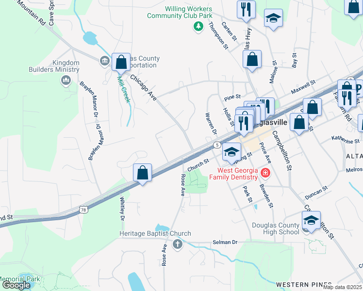 map of restaurants, bars, coffee shops, grocery stores, and more near 8479 Chicago Avenue in Douglasville