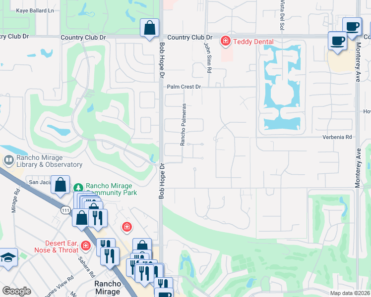 map of restaurants, bars, coffee shops, grocery stores, and more near 4 Via Perugia in Rancho Mirage