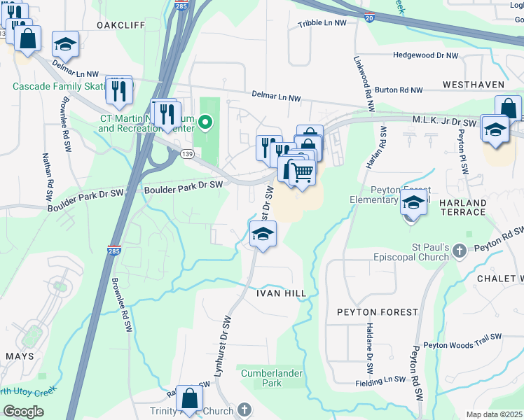 map of restaurants, bars, coffee shops, grocery stores, and more near 3136 Martin Luther King Junior Drive Northwest in Atlanta