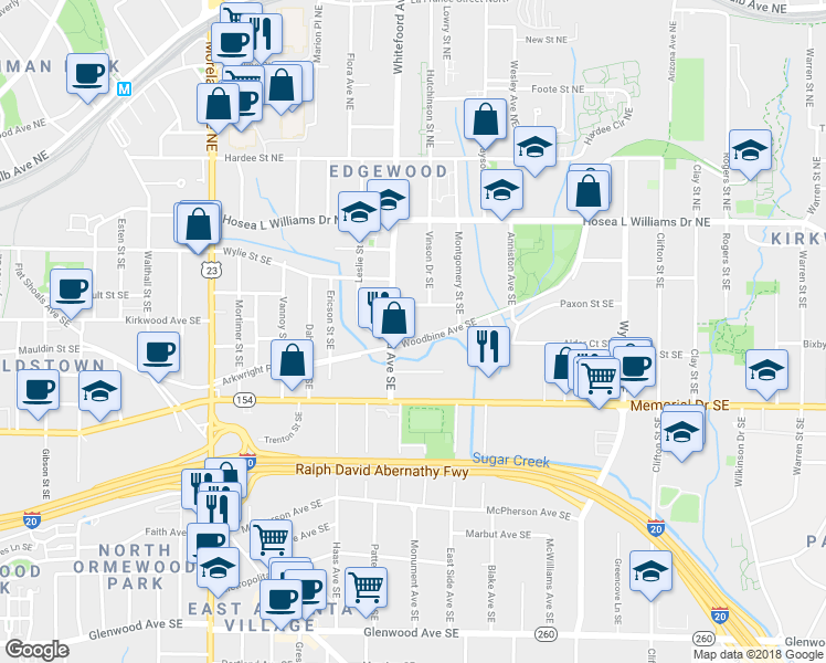 map of restaurants, bars, coffee shops, grocery stores, and more near 1412 Woodbine Avenue Southeast in Atlanta
