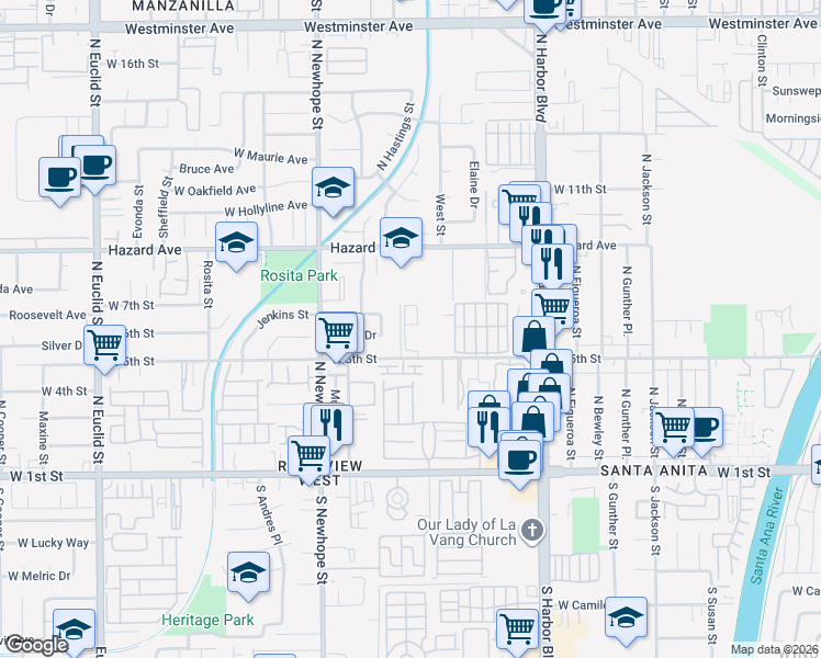 map of restaurants, bars, coffee shops, grocery stores, and more near 4201 West 5th Street in Santa Ana