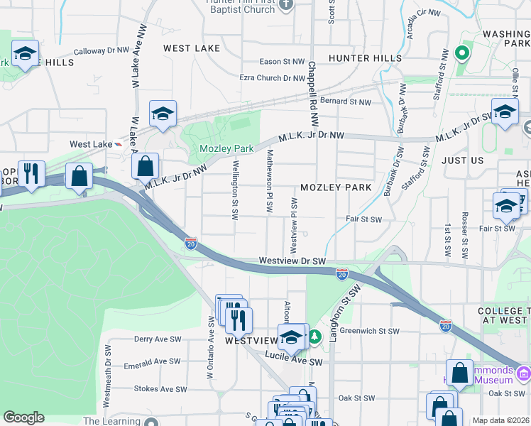 map of restaurants, bars, coffee shops, grocery stores, and more near 197 Mathewson Place Southwest in Atlanta