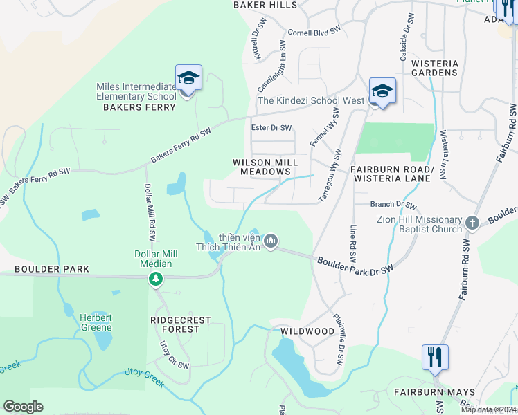 map of restaurants, bars, coffee shops, grocery stores, and more near 582 Tarragon Way Southwest in Atlanta