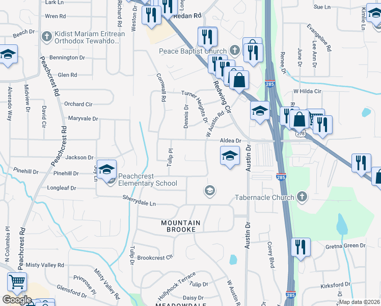 map of restaurants, bars, coffee shops, grocery stores, and more near 3656 West Austin Court in Decatur