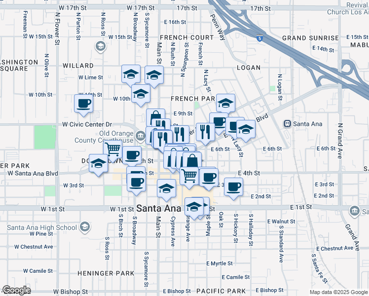 map of restaurants, bars, coffee shops, grocery stores, and more near 609 North Spurgeon Street in Santa Ana