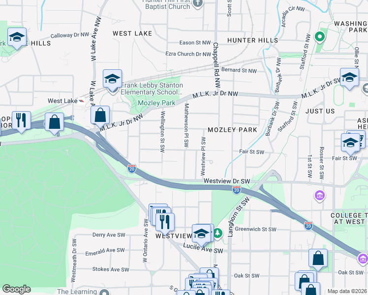 map of restaurants, bars, coffee shops, grocery stores, and more near 193 Mathewson Place Southwest in Atlanta