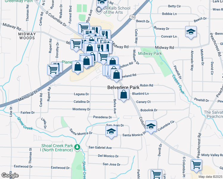 map of restaurants, bars, coffee shops, grocery stores, and more near 3033 Belvedere Lane in Decatur