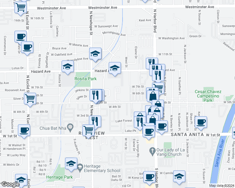 map of restaurants, bars, coffee shops, grocery stores, and more near 4201 West 5th Street in Santa Ana