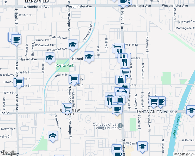map of restaurants, bars, coffee shops, grocery stores, and more near 4109 West 5th Street in Santa Ana