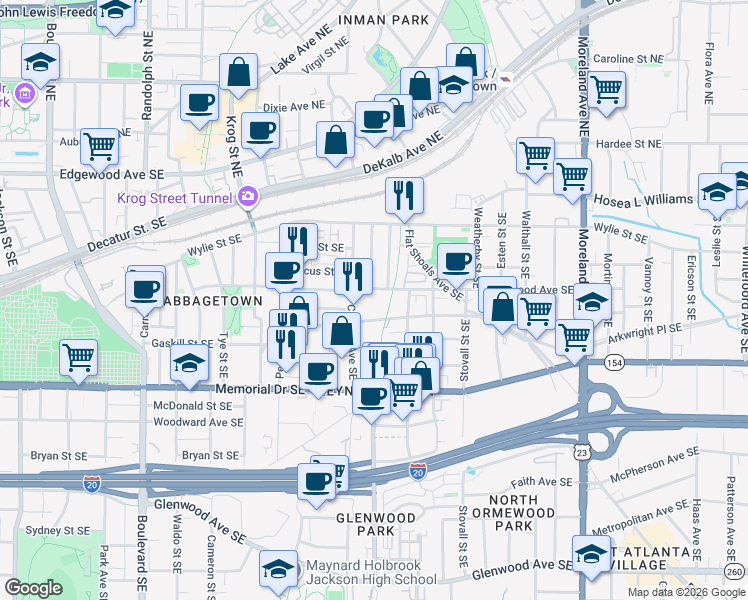 map of restaurants, bars, coffee shops, grocery stores, and more near 871 Kirkwood Avenue Southeast in Atlanta