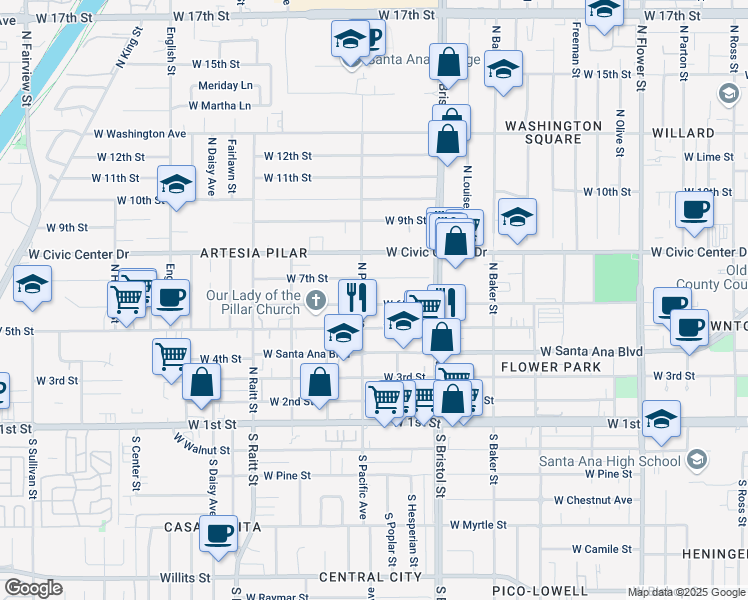 map of restaurants, bars, coffee shops, grocery stores, and more near 1423 West 6th Street in Santa Ana