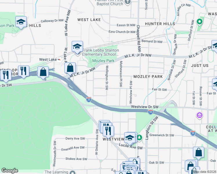 map of restaurants, bars, coffee shops, grocery stores, and more near 194 Wellington Street Southwest in Atlanta