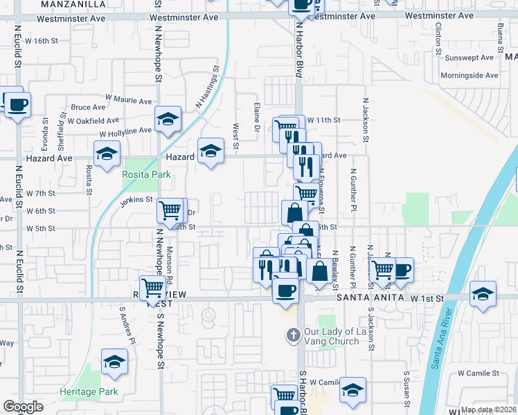 map of restaurants, bars, coffee shops, grocery stores, and more near 3929 West 5th Street in Santa Ana