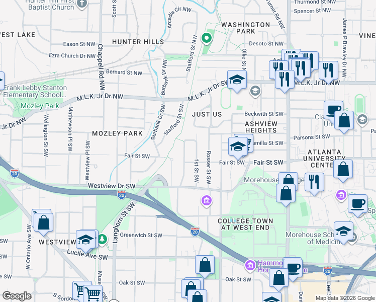 map of restaurants, bars, coffee shops, grocery stores, and more near 180 Holderness Street Southwest in Atlanta
