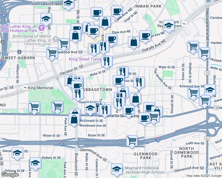 map of restaurants, bars, coffee shops, grocery stores, and more near 174 Estoria Street Southeast in Atlanta