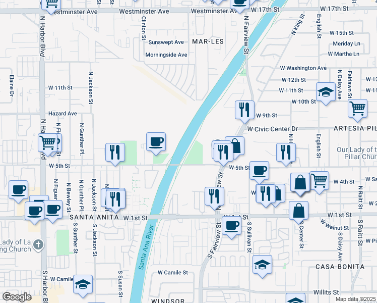 map of restaurants, bars, coffee shops, grocery stores, and more near Santa Ana River Trail in Santa Ana