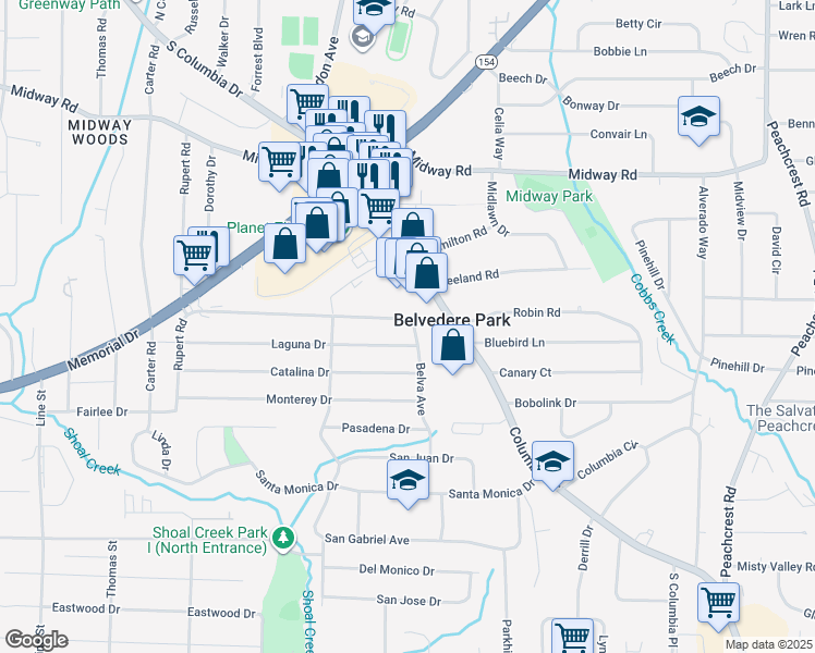 map of restaurants, bars, coffee shops, grocery stores, and more near 3033 Belvedere Lane in Decatur