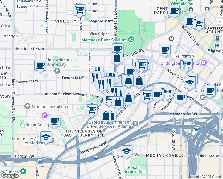 map of restaurants, bars, coffee shops, grocery stores, and more near 479 Stonewall Street Southwest in Atlanta