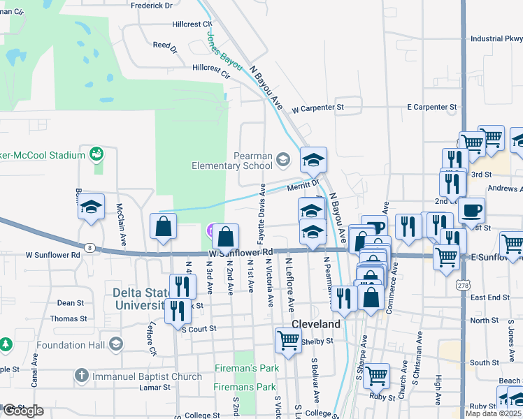 map of restaurants, bars, coffee shops, grocery stores, and more near 500 Johnson Drive in Cleveland