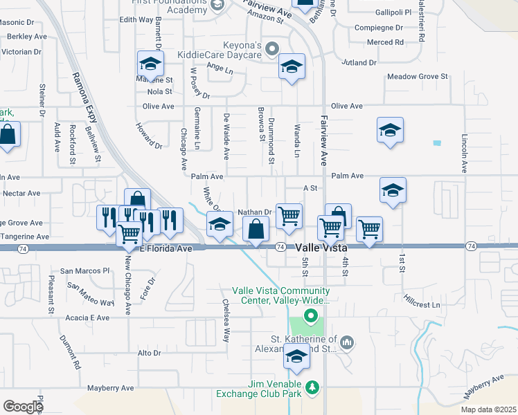 map of restaurants, bars, coffee shops, grocery stores, and more near 43786 Nathan Drive in Hemet