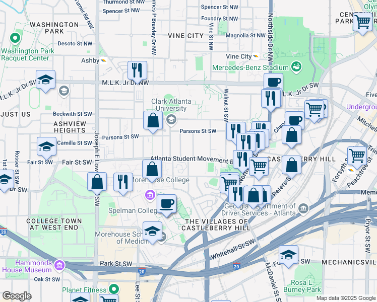 map of restaurants, bars, coffee shops, grocery stores, and more near 157 Elm Street Southwest in Atlanta