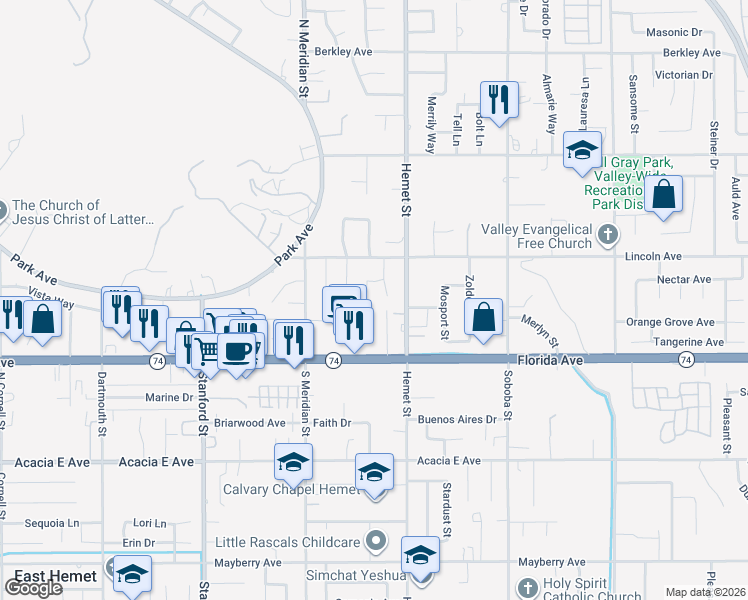 map of restaurants, bars, coffee shops, grocery stores, and more near 4316 Valentine Lane in Hemet