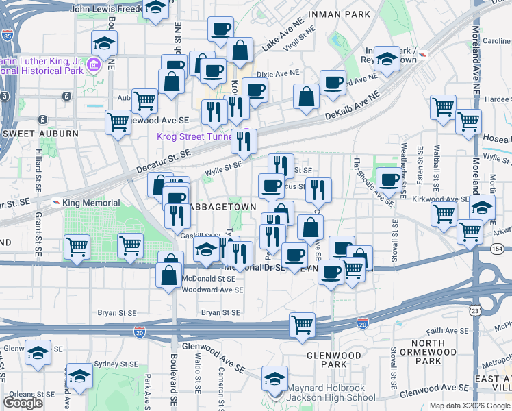 map of restaurants, bars, coffee shops, grocery stores, and more near 172 Estoria Street Southeast in Atlanta