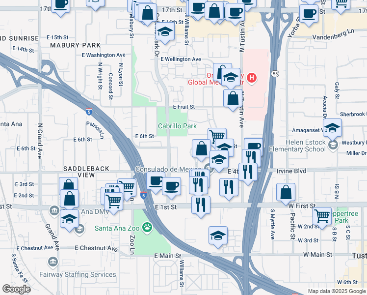 map of restaurants, bars, coffee shops, grocery stores, and more near 515 Cabrillo Park Drive in Santa Ana