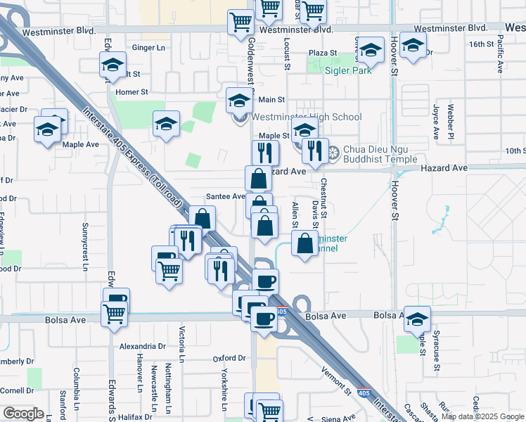 map of restaurants, bars, coffee shops, grocery stores, and more near 14632 Goldenwest Street in Westminster