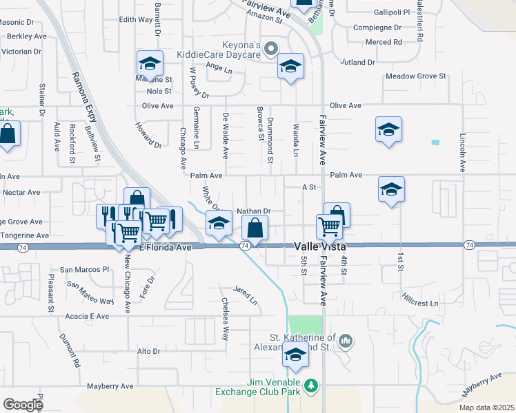 map of restaurants, bars, coffee shops, grocery stores, and more near 43786 Nathan Drive in Hemet