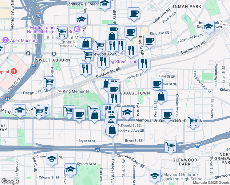 map of restaurants, bars, coffee shops, grocery stores, and more near 165 Savannah Street Southeast in Atlanta