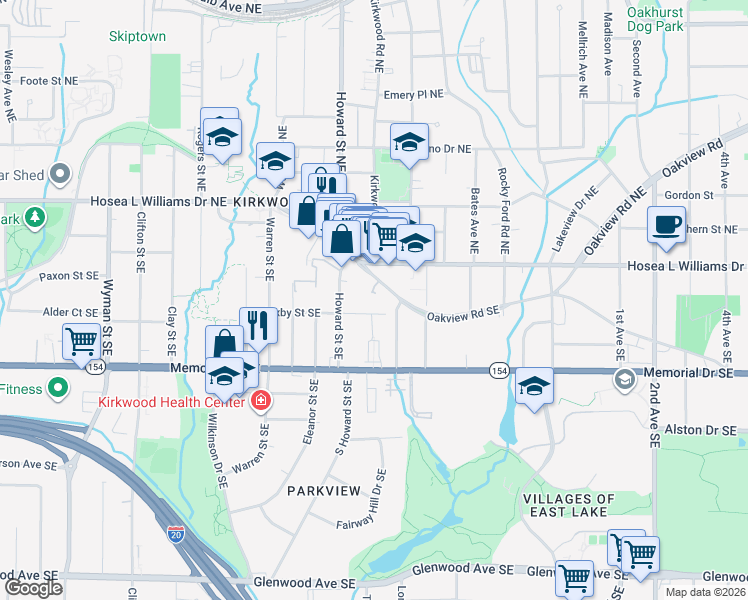 map of restaurants, bars, coffee shops, grocery stores, and more near 2023 Oakview Road Southeast in Atlanta