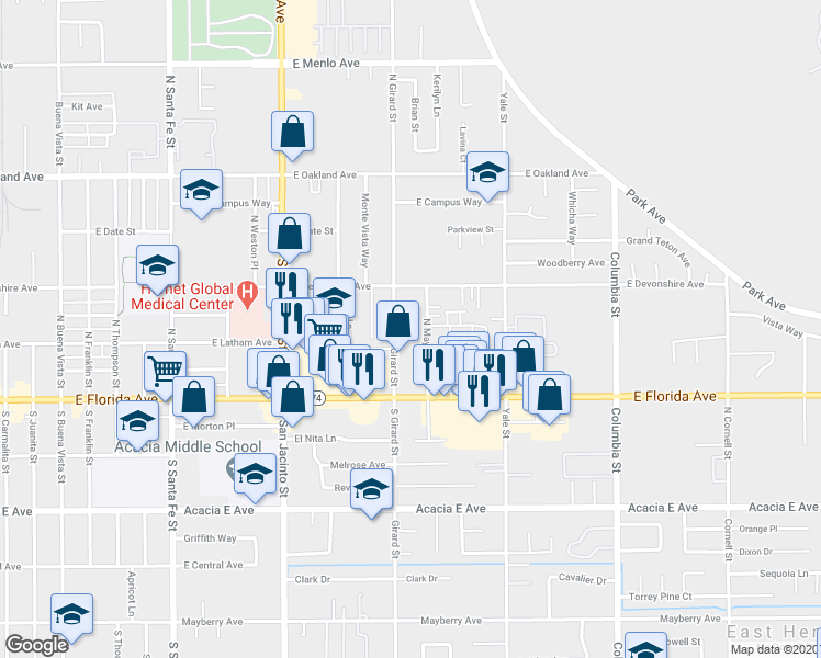map of restaurants, bars, coffee shops, grocery stores, and more near 236 North Girard Street in Hemet