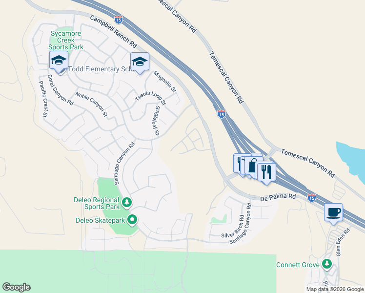 map of restaurants, bars, coffee shops, grocery stores, and more near 25451 Jack Rabbit Lane in Corona