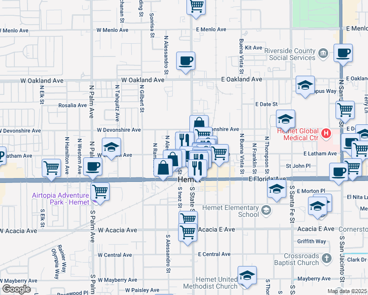 map of restaurants, bars, coffee shops, grocery stores, and more near 224 North Inez Street in Hemet
