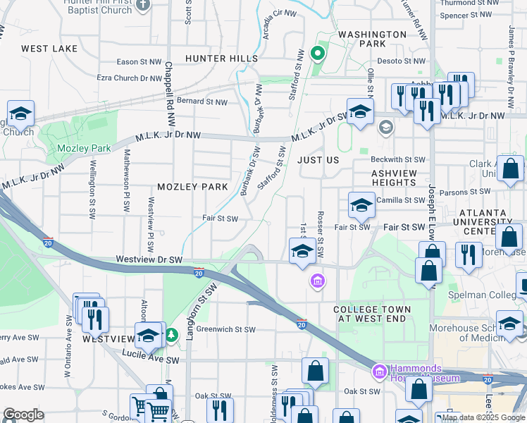 map of restaurants, bars, coffee shops, grocery stores, and more near 1239 Fair Street Southwest in Atlanta