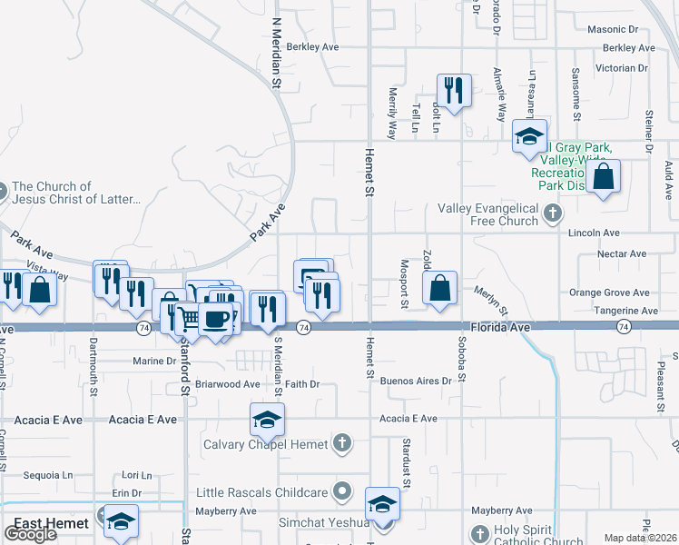 map of restaurants, bars, coffee shops, grocery stores, and more near 4316 Valentine Lane in Hemet