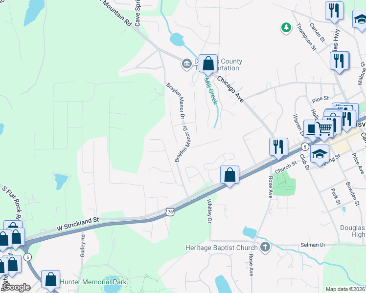 map of restaurants, bars, coffee shops, grocery stores, and more near 8592 Braylen Manor Drive in Douglasville