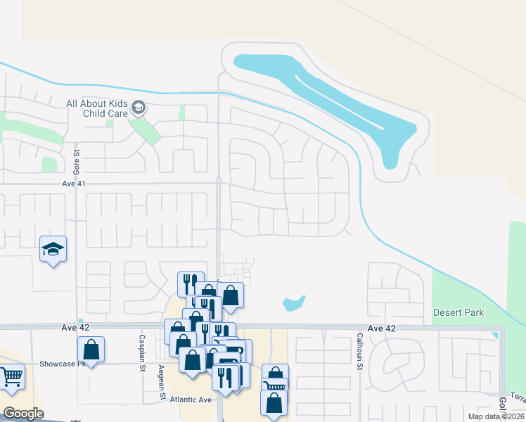 map of restaurants, bars, coffee shops, grocery stores, and more near 41194 McKenzie Lane in Indio